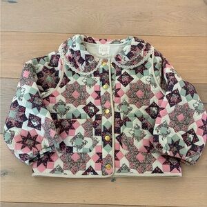 Kids Quilted Patchwork Jacket in Pink, Mint & Navy - Lace Collar